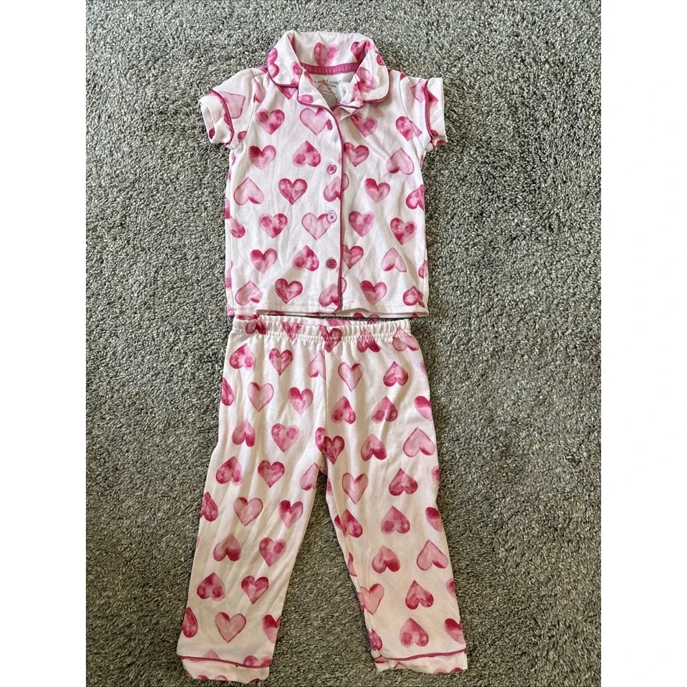 Laura Ashley Toddler Pajamas Hearts Button Short‎ Sleeve Long Pants Size 3T
